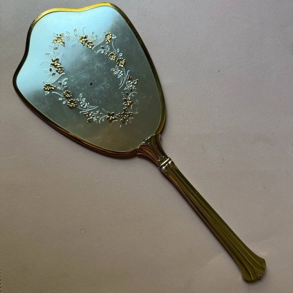 Vintage Ornate Handheld Vanity Mirror Gold Tone